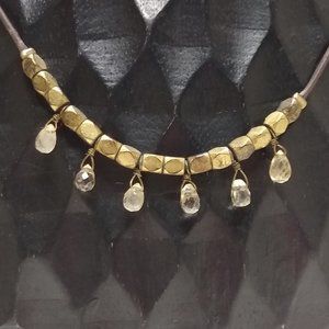 FOSSIL Rutilated Quartz Teardrop, Brass Harlequin Beaded Necklace Leather Cord